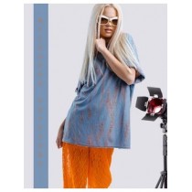 Футболка туника рваная удлиненная голубой меланж с оранжевым