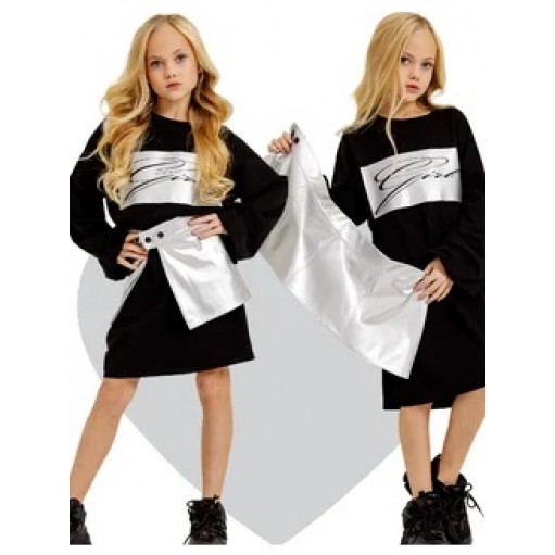 Туника платье c кожаной съемной баской в серебре