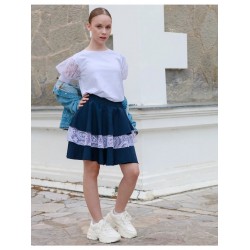 Юбка синяя школьная трехъярусная с белым гипюром