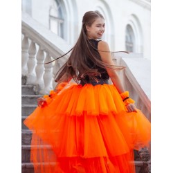 Асимметричная юбка шорты с кожаным бантом оранжевый